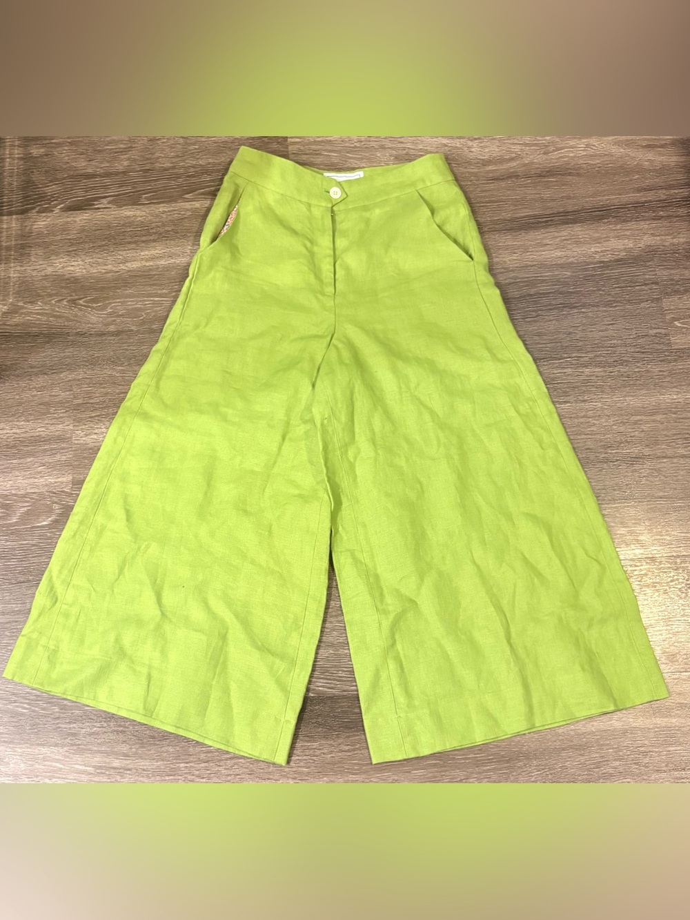 Danielle Rolland Wide-Leg Linen Blend Cropped Pants Lime Green Size 4